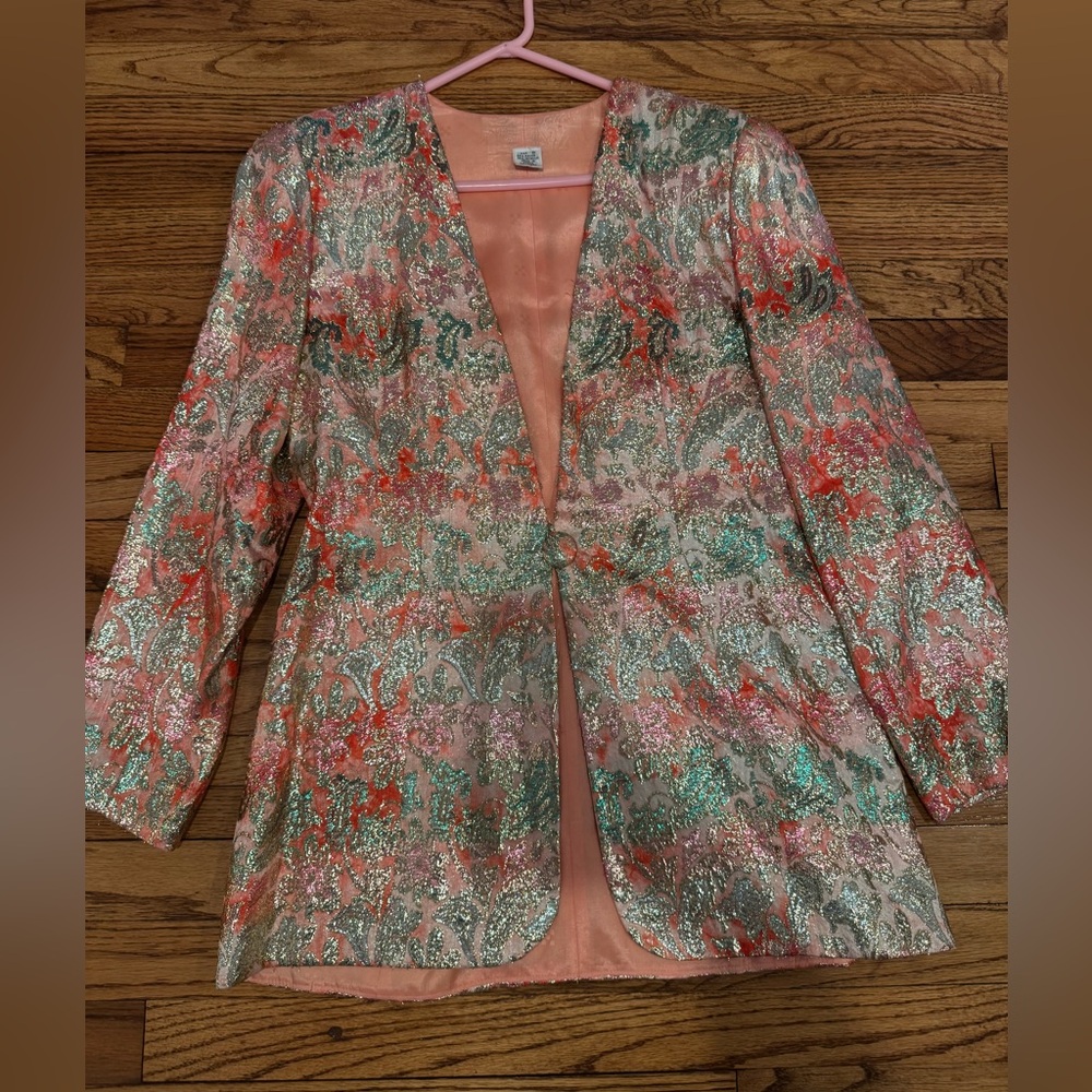 Metallic Brocade Open Front Blazer - Pink Green